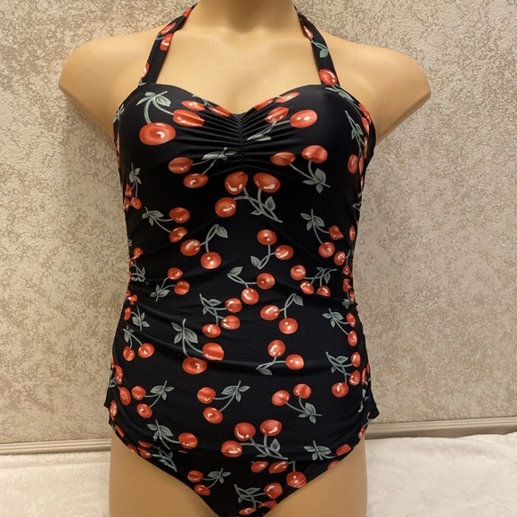 Cherry Patterned Halter One Piece Swimsuit - Picture 1 of 16